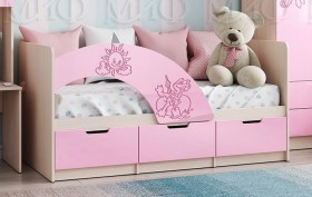 Кровать Юниор-3 ((мульт) розовый металл/дуб беленый) в Белом Яре - belyj-yar.katalogmebeli.com | фото