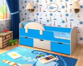 Кровать Малыш-мини с бортиком Дуб молочный/Голубой в Белом Яре - belyj-yar.katalogmebeli.com | фото