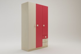 Шкаф 3-х створчатый с ящиками Бэрри (Бежевый/Красный/корпус Клен) в Белом Яре - belyj-yar.katalogmebeli.com | фото