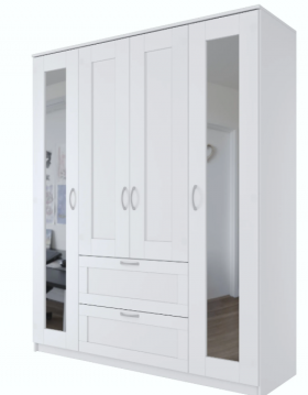Шкаф четырехдверный Сириус с 2 зеркалами и 2 ящиками белый в Белом Яре - belyj-yar.katalogmebeli.com | фото 1