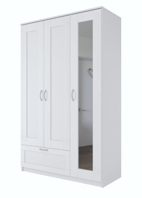Шкаф трехдверный Сириус с зеркалом и 1 ящиком белый в Белом Яре - belyj-yar.katalogmebeli.com | фото